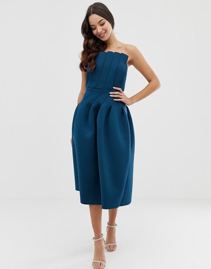 Asos Design Seamed Bandeau Prom Midi Dress-navy