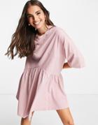 Asos Design Oversized Mini Smock Dress With Dropped Waist In Rose-red