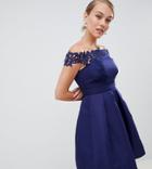 Little Mistress Petite Bardot Full Prom High Low Dress With Applique - Navy