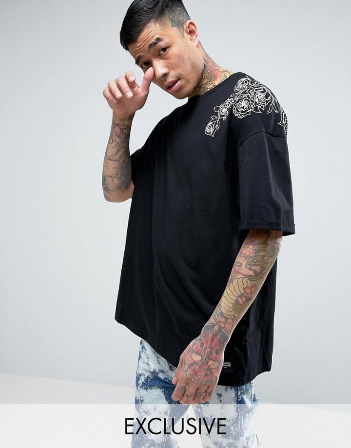 Sixth June Oversized T-shirt In Black With Rose Print - Black