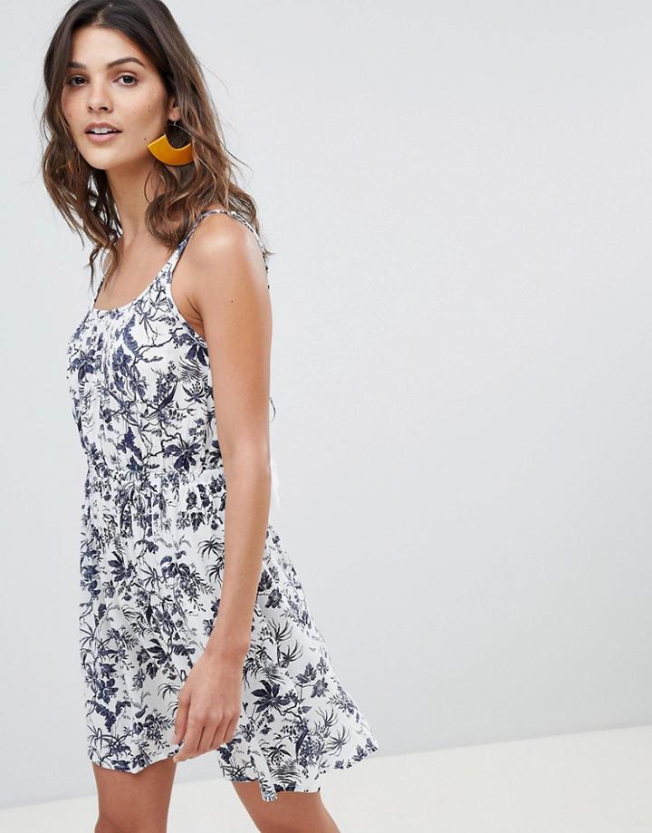 Warehouse Beach Dress With Cami Straps In Fern Print - Cream