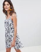 Warehouse Beach Dress With Cami Straps In Fern Print - Cream