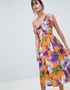 Asos Design Scuba Bow One Shoulder Prom Dress In Bright Floral Print - Multi