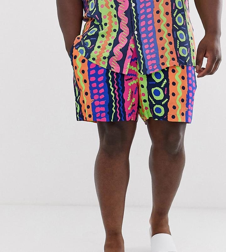 Asos Design Plus Two-piece Slim Shorter Shorts With Neon Abstract Design - Navy