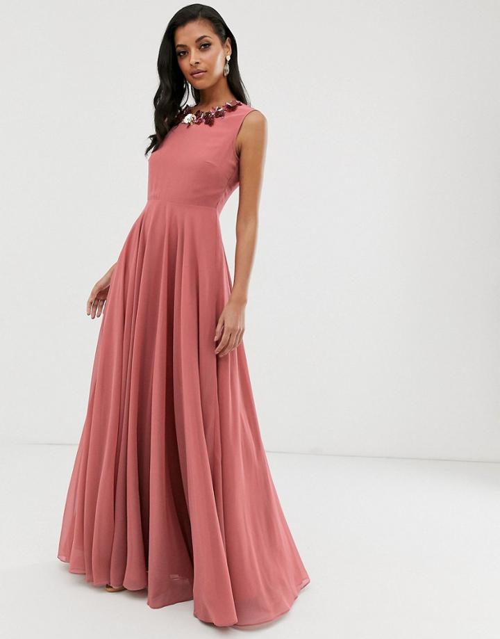 Asos Design Maxi Dress With 3d Embellished Neckline - Pink