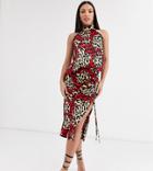 Outrageous Fortune Tall Ruched Front Midi Skater Skirt In Contrast Leopard Print-multi