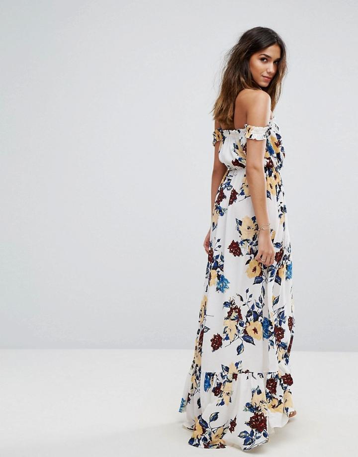 Boohoo Floral Print Ruffle Bardot Maxi Dress - White