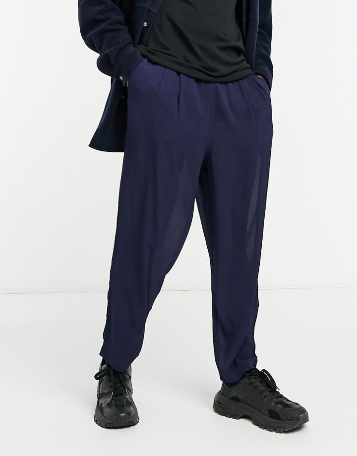 Asos Design Wide Leg Pants With Pleats In Chiffon-navy