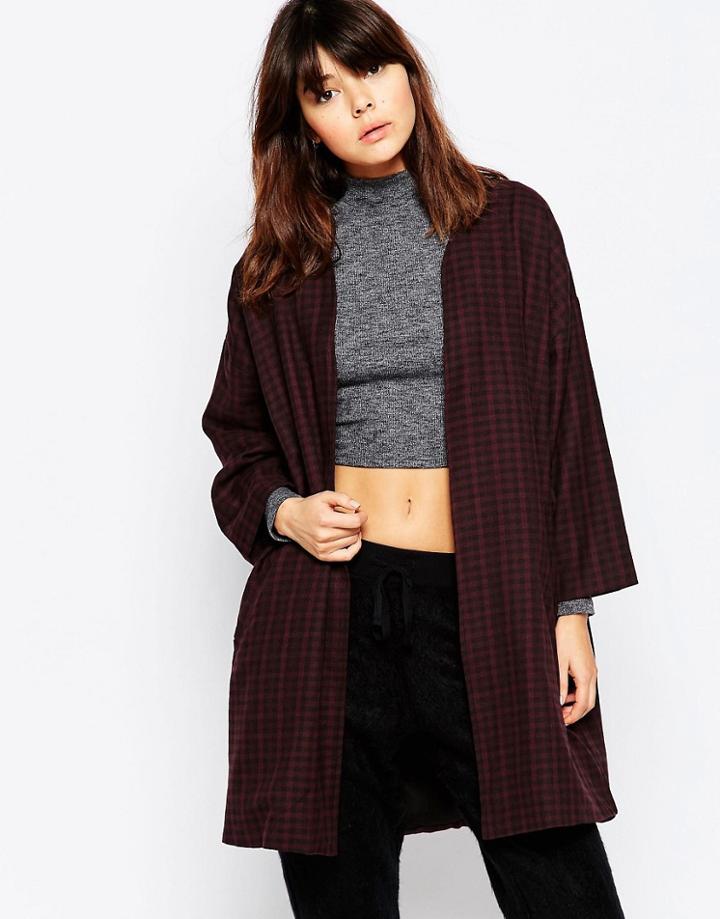 Native Youth Brushed Plaid Duster Coat - Black