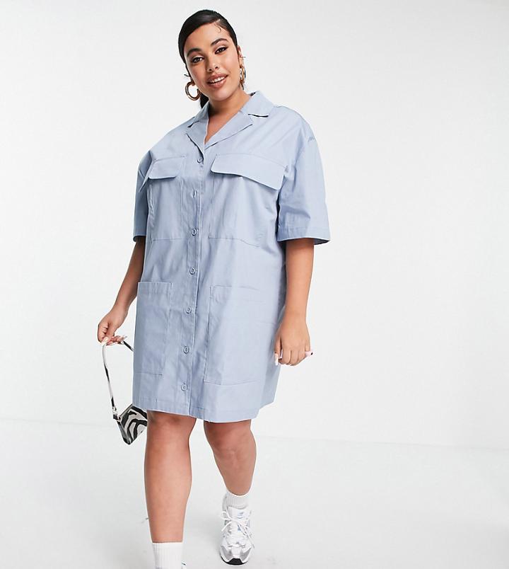 Collusion Plus Revere Mini Shirt Dress In Blue-blues