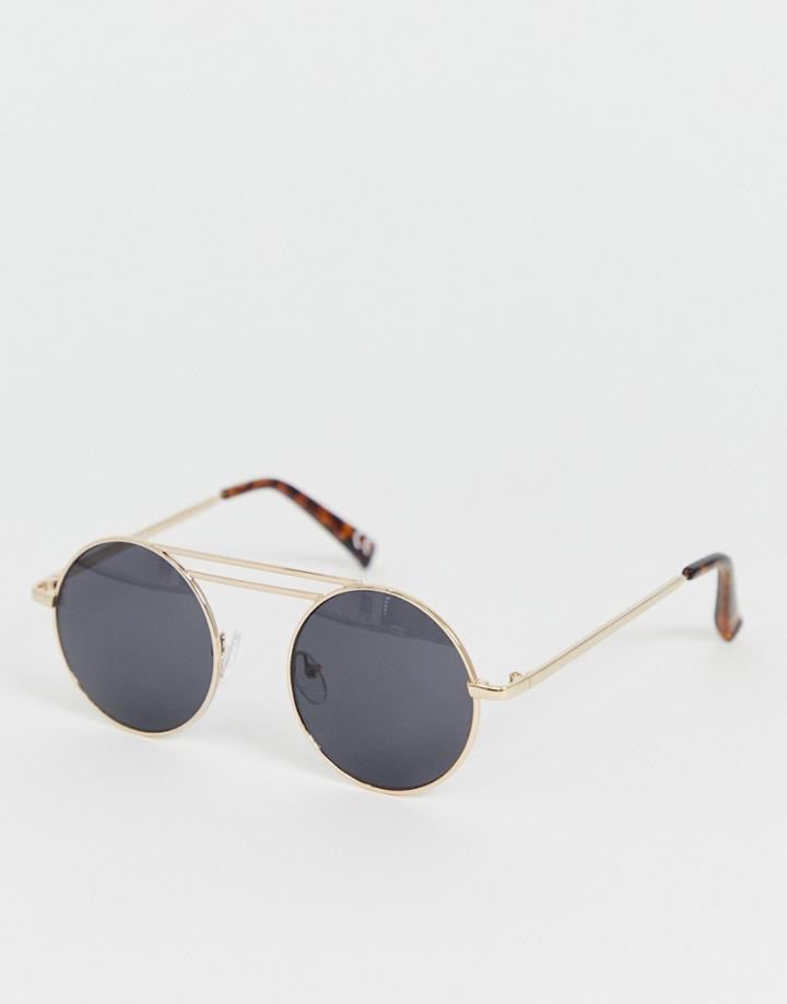 Asos Design Metal Round Sunglasses In Gold With Smoke Lens And Brow Detail - Gold