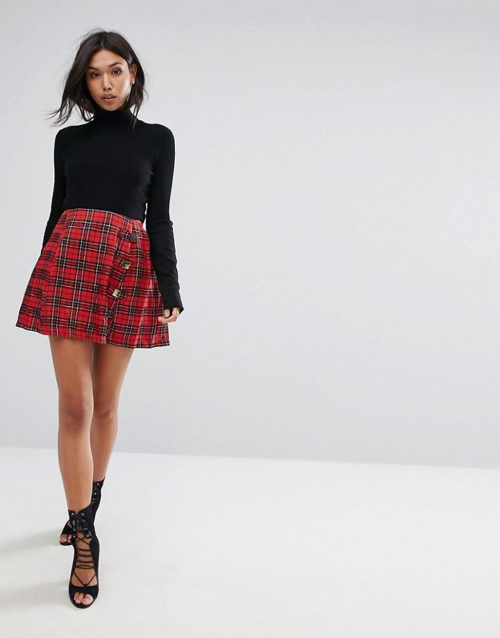 Prettylittlething Plaid Wrap Mini Skirt - Red