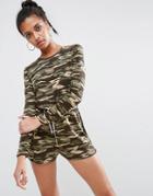 Asos Long Sleeve Romper In Camo Print With Contrast Tie - Multi