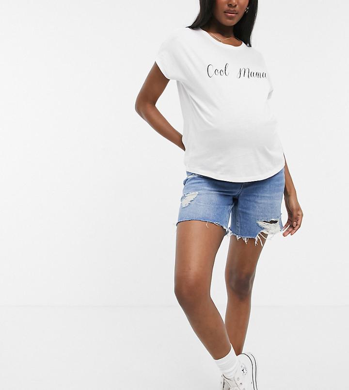 Urban Bliss Maternity High Waisted Ripped Longline Short In Mid Wash-blues