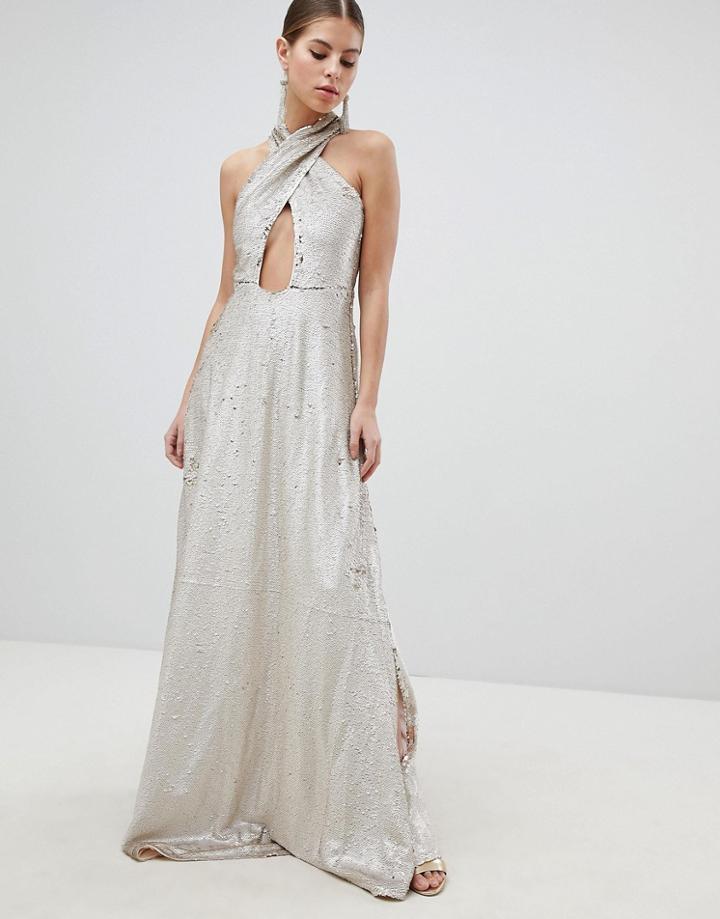 Club L Cross Front Wrap Over Full Embellished Sequin Maxi Dress With Slit Detail - Gold