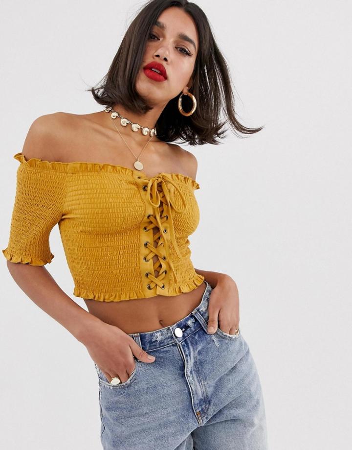 Asos Design Shirred Bardot Top With Eyelet And Lace Up Detail-yellow