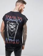 Asos Super Longline Oversized T-shirt With Distressed Hem And Skull Pr