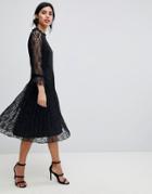 Little Mistress Midi Dress With Frill Neck And Pleated Skirt - Black