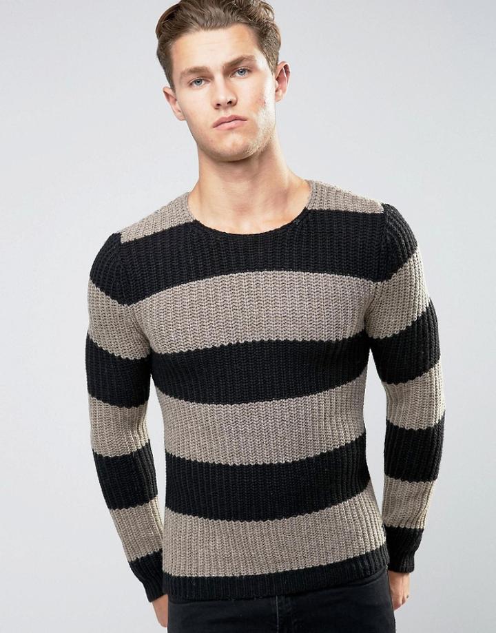 Replay Block Stripe Crew Sweater In Black - Black