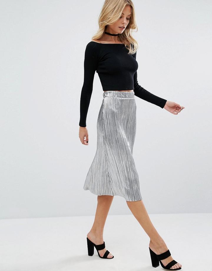 First & I Metallic Plisse Midi Skirt - Silver