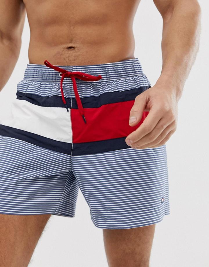 Tommy Hilfiger Medium Drawstring Stripe Swim Shorts With Icon Flag Panel In Navy - Navy