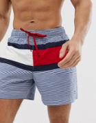 Tommy Hilfiger Medium Drawstring Stripe Swim Shorts With Icon Flag Panel In Navy - Navy