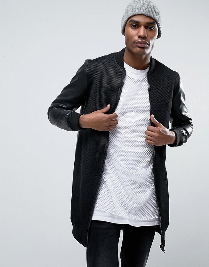 Black Seven Wardour Longline Bomber Jacket With Faux Leather Sleeves - Black