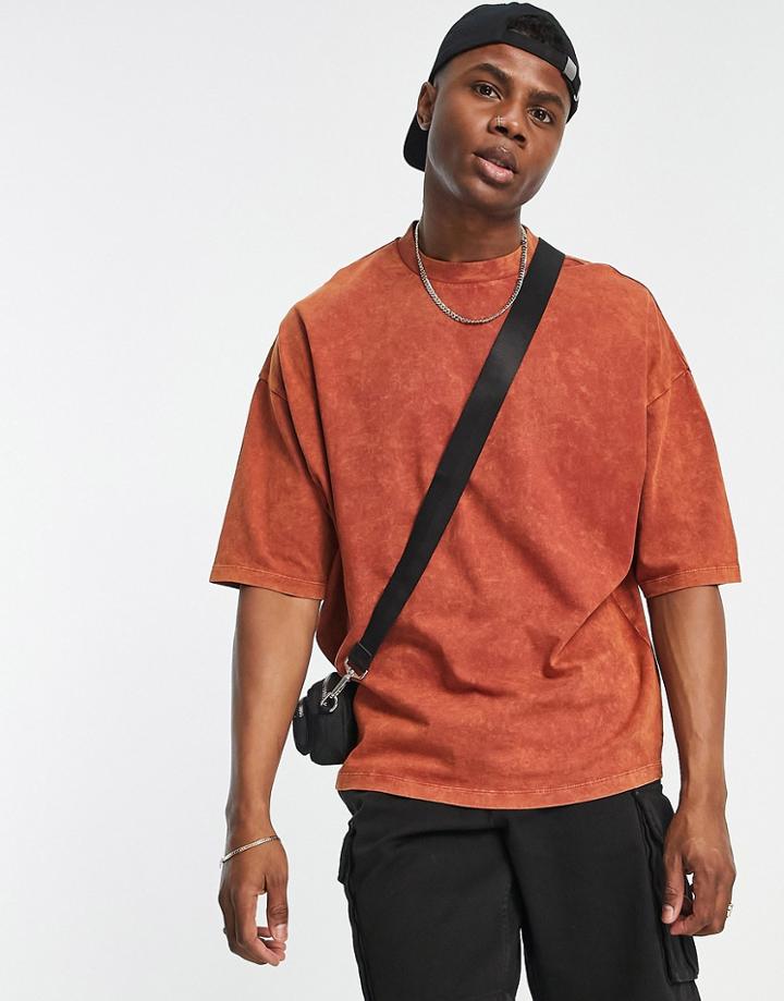 Asos Design Oversized Heavyweight T-shirt In Acid Washed Brown