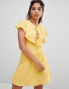 Fashion Union Tea Dress With Tie Cape Detail - Yellow