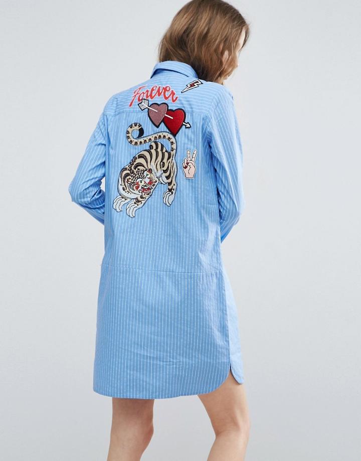 Asos Pinstripe Shirt Dress With Embroidery And Badge Details - Multi