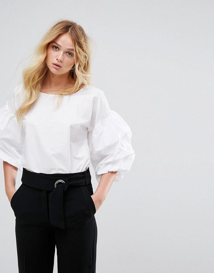 Mango Balloon Gathered Sleeve Top - White