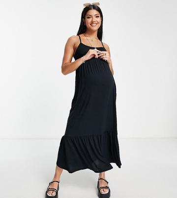 Pieces Maternity Strappy Tierred Maxi Dress In Black