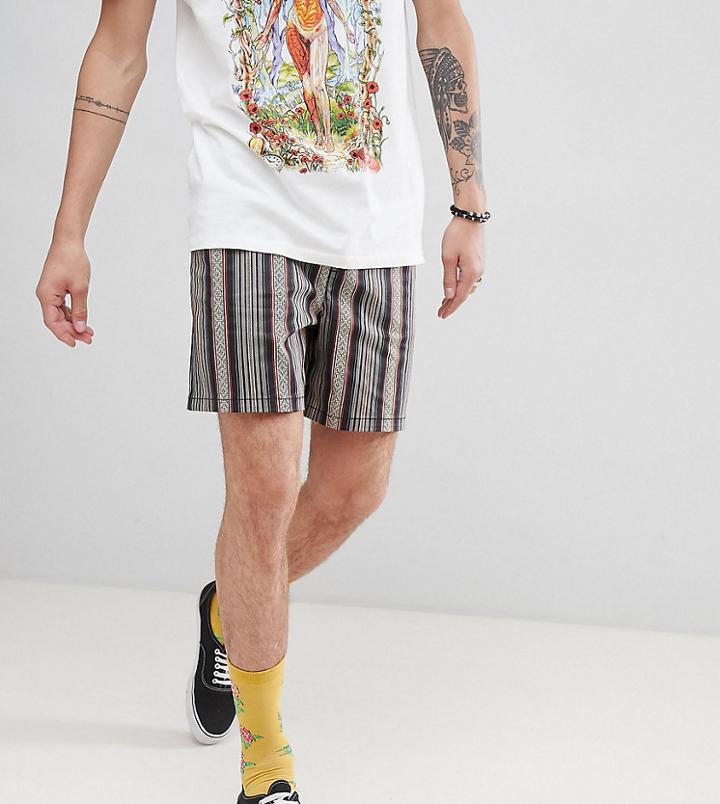 Asos Design Tall Festival Slim Shorts With Elasticated Waistband In Gray Geo-tribal Stripe Print - Gray