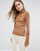 Asos Top With Deep Cuff Detail In Soft Rib - Brown