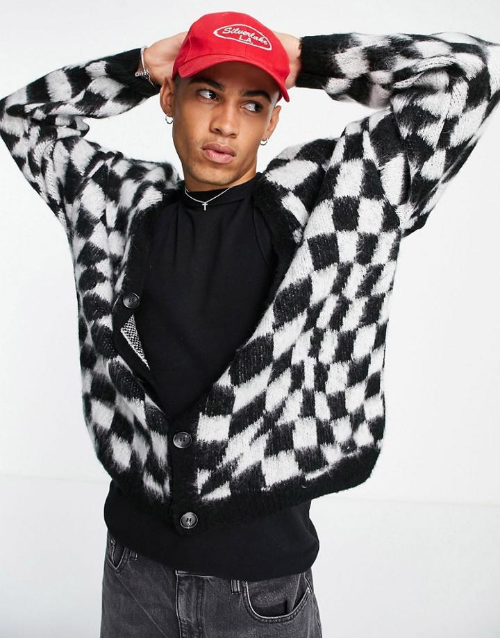 Asos Design Fluffy Knit Checkerboard Cardigan In Black