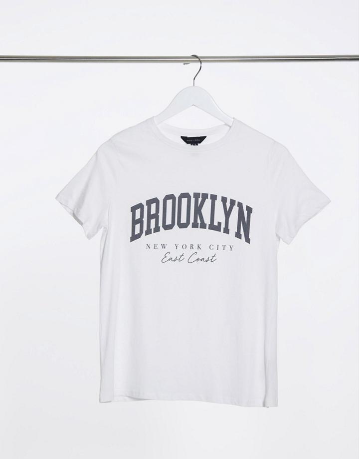 New Look Sporty Brooklyn Slogan T-shirt In White-grey