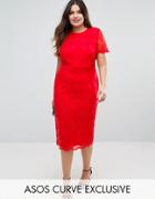 Asos Curve Lace Crop Top Midi Pencil Dress - Red