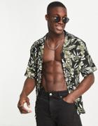 River Island Floral Textured Camp Collar Shirt In Black
