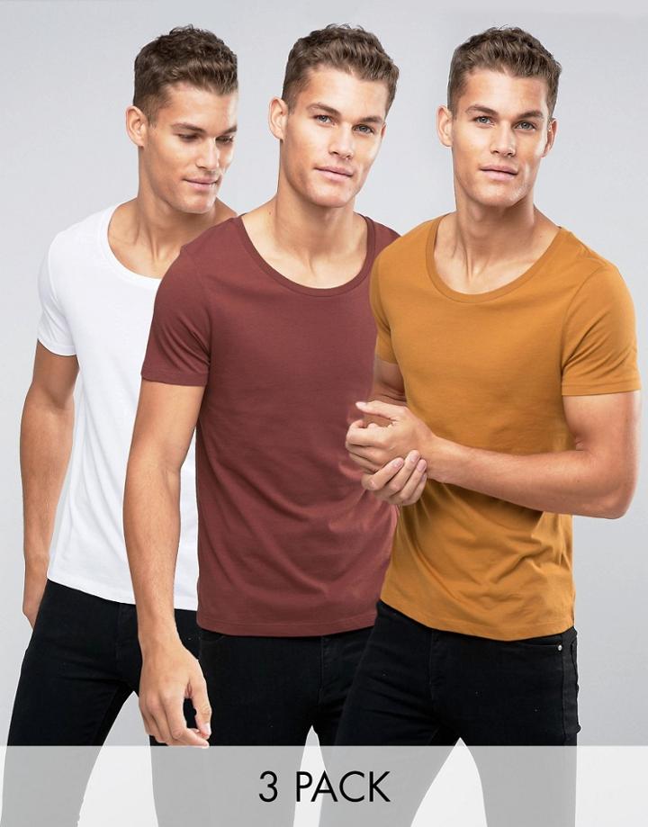 Asos 3 Pack T-shirt With Scoop Neck In Tan/chestnut/white - Multi