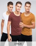 Asos 3 Pack T-shirt With Scoop Neck In Tan/chestnut/white - Multi