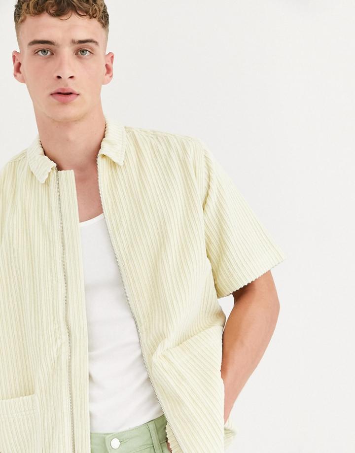 Asos Design Relaxed Fit Zip Through Cord Shirt In Ecru-cream