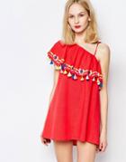 Piper Java One Shoulder Ruffle Dress With Tassels - Coral