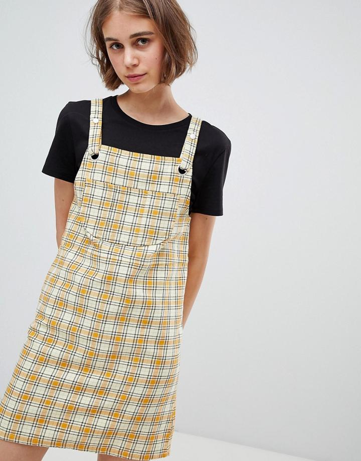 Monki Check Mini Overalls Dress In Yellow - Yellow