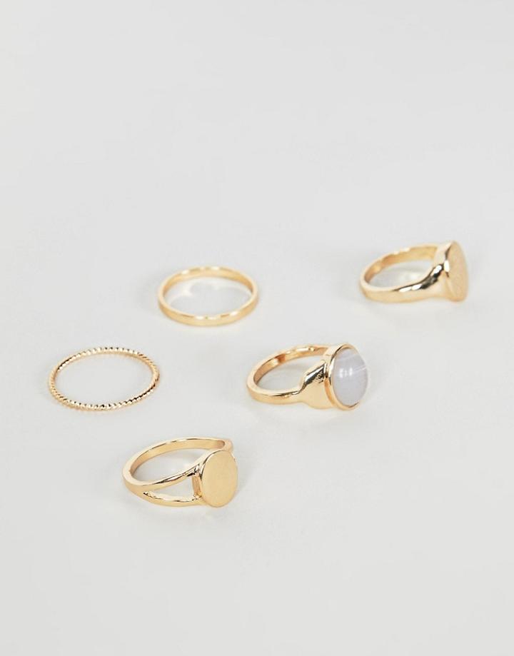 Asos Design Pack Of 5 Rings With Marble Detail And Sovereign Designs In Gold - Gold
