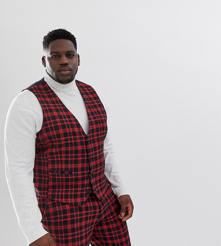 Asos Design Plus Super Skinny Suit Vest In Red Plaid Check - Red