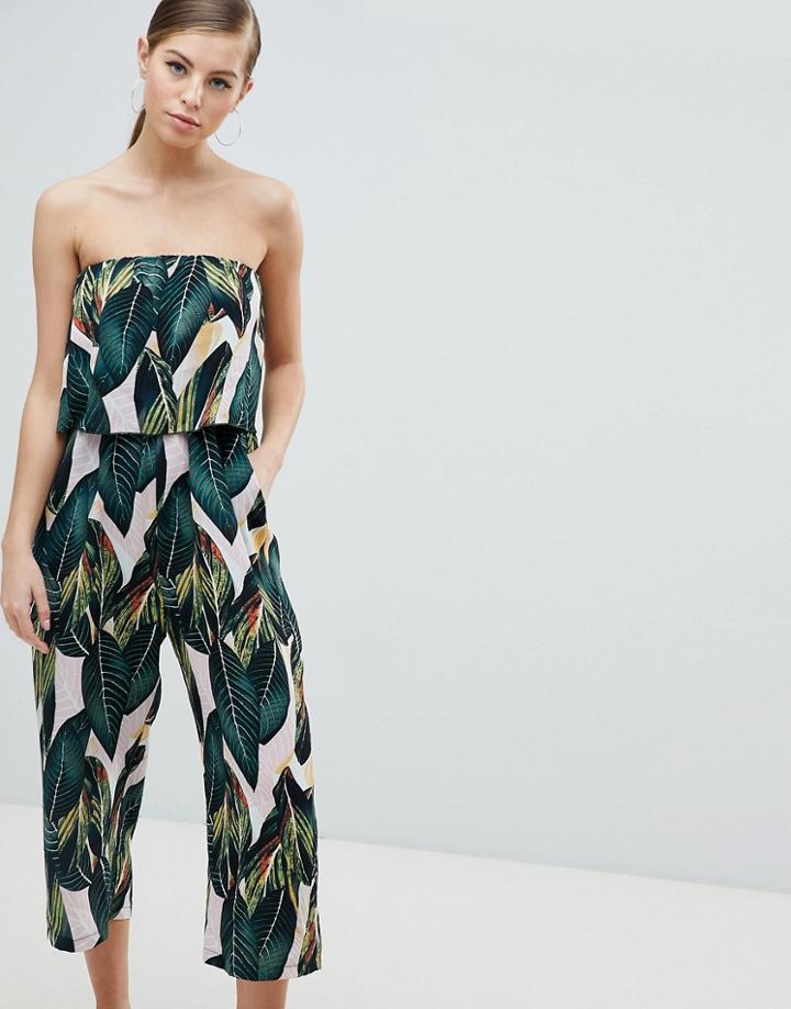Ax Paris Frill Overlay Palm Leaf Jumpsuit - Pink
