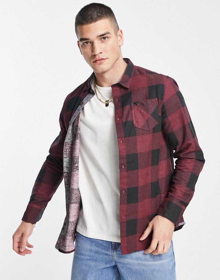 Brave Soul Long Sleeve Plaid Shirt In Burgundy-red