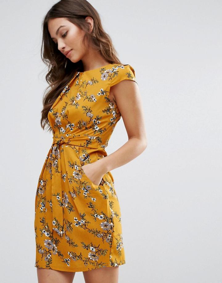 Qed London Printed Tulip Dress - Yellow