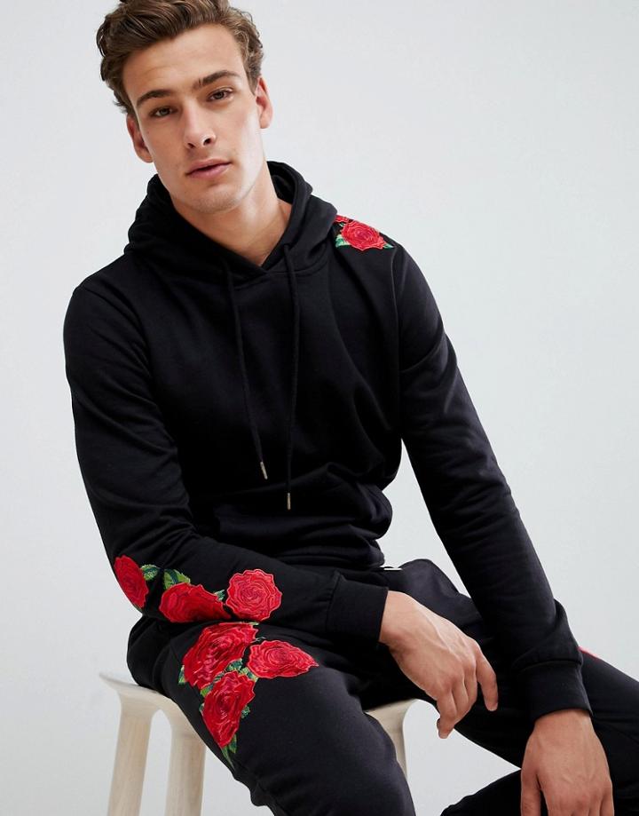 Brave Soul Rose Embroidery Hoodie - Black