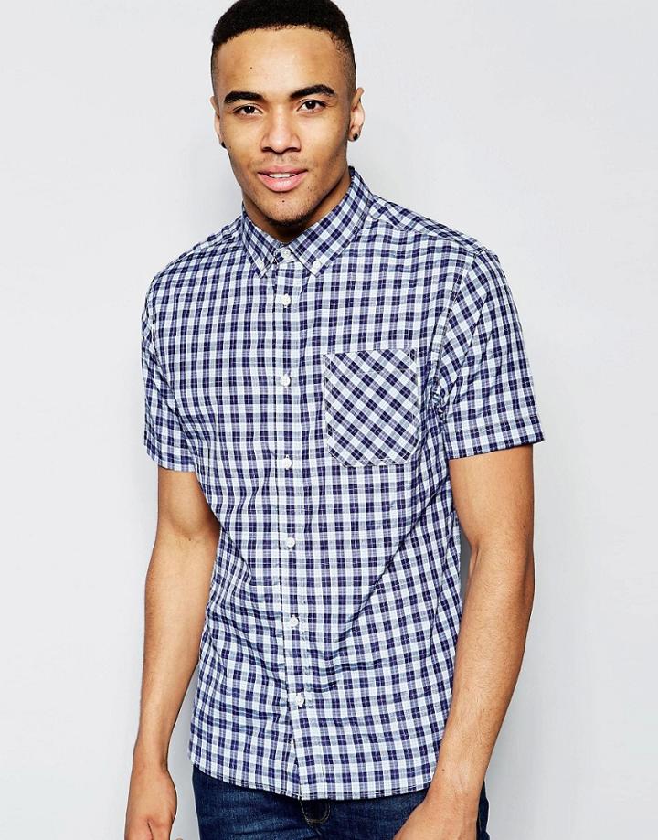 D-struct Short Sleeve Checked Shirt - Navy